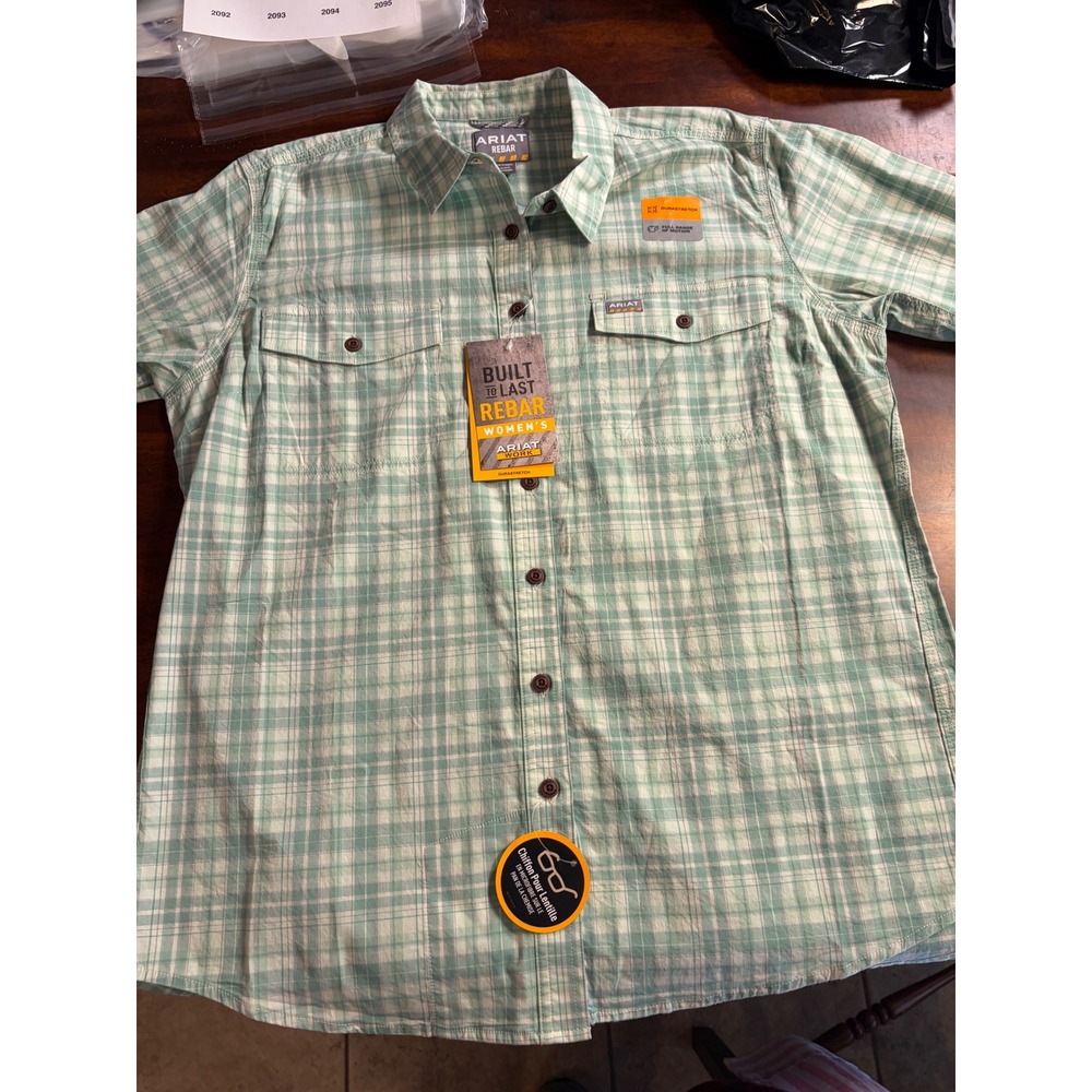 Ariat Rebar Womens XL Plaid Work Shirt Sage Green DuraStretch Button Down NEW